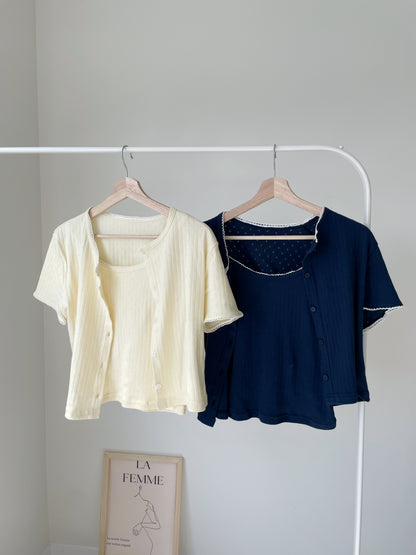 Graceful Contrast-Trim Jacquard Cotton Cami + Cardigan Set(Navy)
