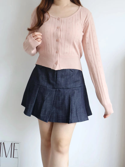 Soft Lace-Trim Eyelet Knit Cardigan(Indipink)