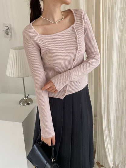 Square Neck Unbalanced Buttons Knit Top(4 colors)