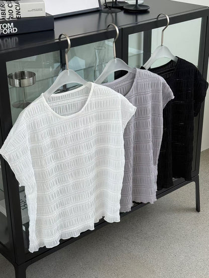 [Wrinkle-Free] Airy Pleated Texture Sheer Blouse(3 colors)