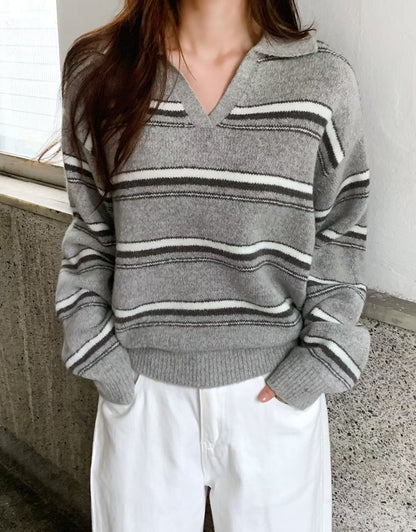 Lapel Striped Sweater(3 colors)