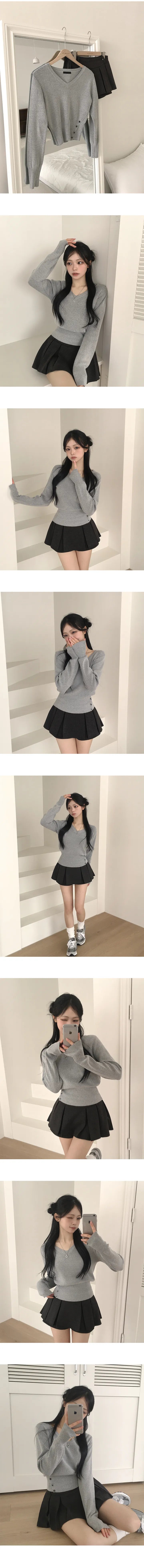 V-Neck Buttons Cinched-Waist Knit Top(5 colors)