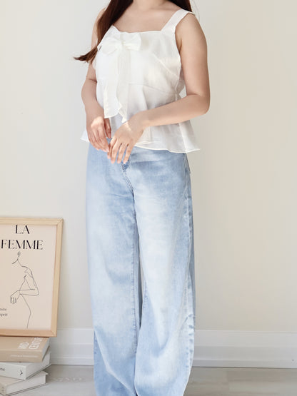 French Tie-Wrap Silky Swing-Hem Blouse(Ivory)