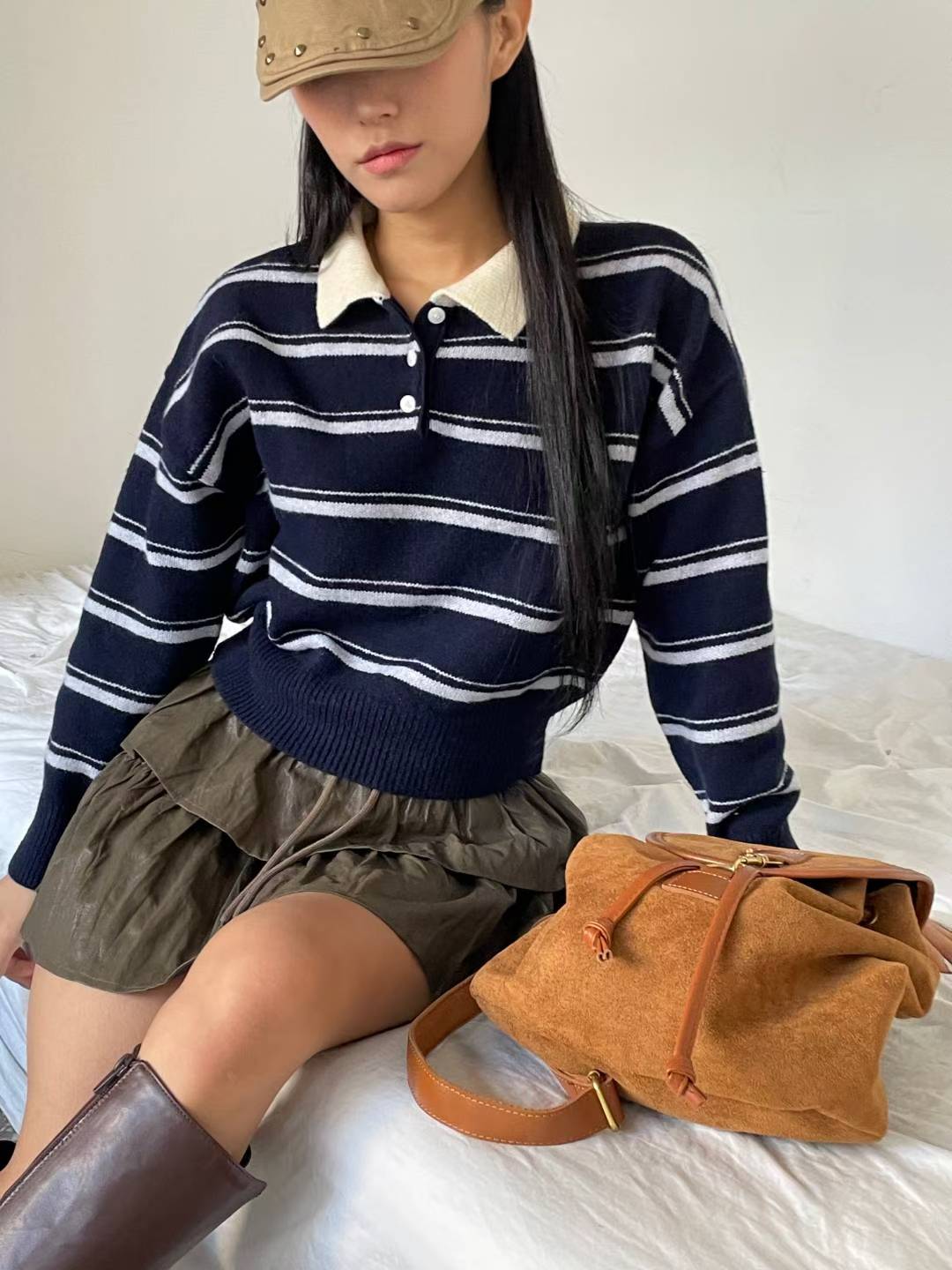 Teddy Collar Striped Sweater