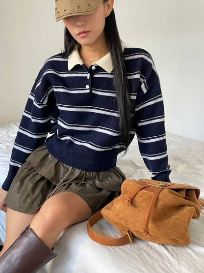 Teddy Collar Striped Sweater