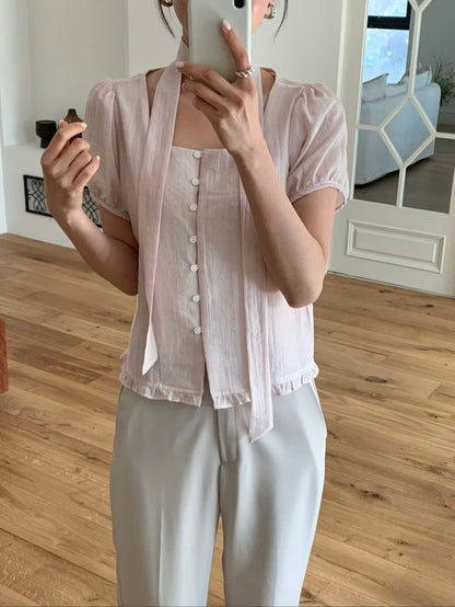 Romantic Square-Neck Buttoned Tencel Blouse(4 Colors)