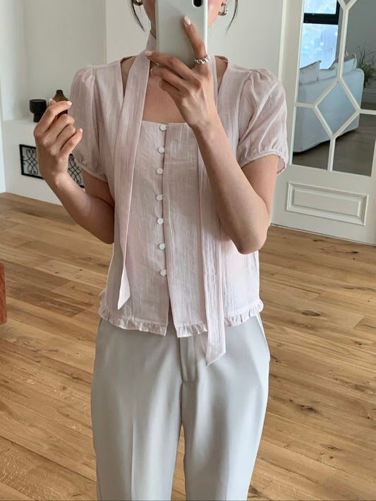 Romantic Square-Neck Buttoned Tencel Blouse(4 Colors)