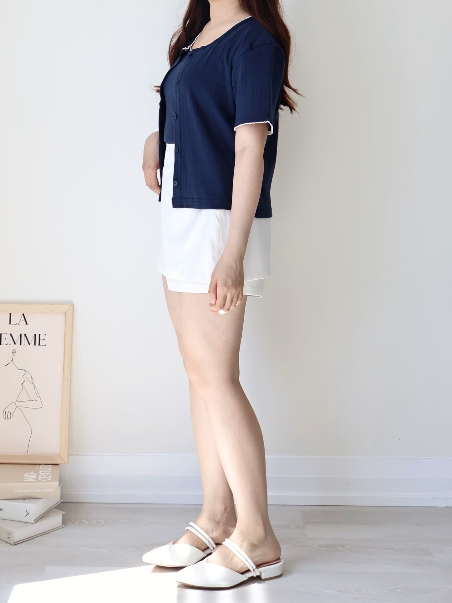 Graceful Contrast-Trim Jacquard Cotton Cami + Cardigan Set(Navy)