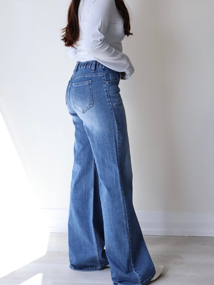 [Half Elastic Waist] Pajama-Soft Lightweight Stretchy Wide-Leg Bootcut Jeans(Dark Blue)