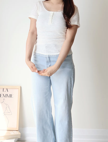 Romantic Half-Button Sheer Top(Ivory)