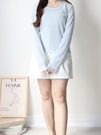 Graceful Sheer Trim V-Neck Top(Skyblue)