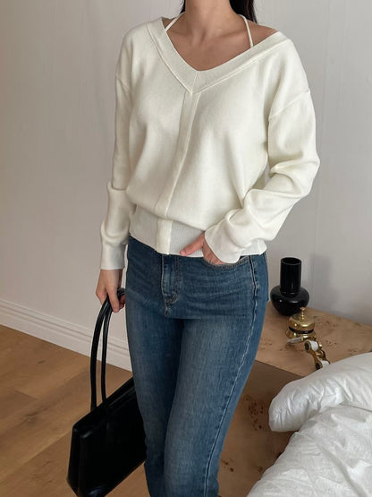 V-Neck Lazy Vibe Halter Sweater(4 colors)