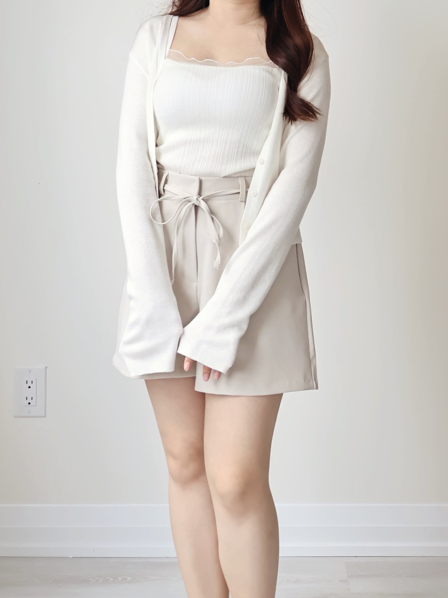 [2-Piece Set] Romantic Semi-Sheer Padded Camisole with Ultra-Soft Cardigan(Ivory)