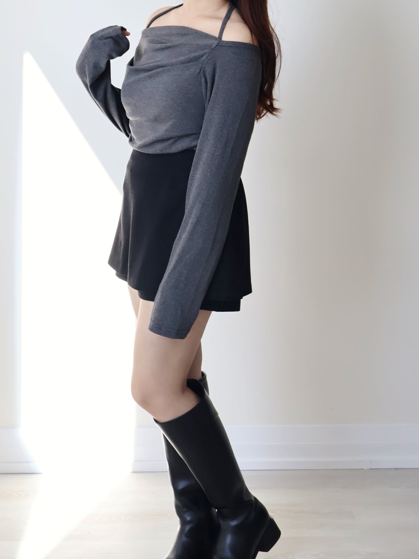 [3-ways] Luxe Boatneck Silky Top(Charcoal)