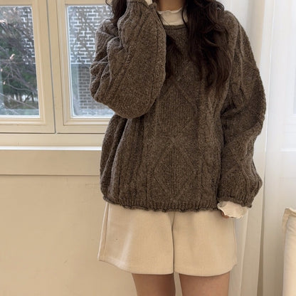 Round Neck Cable Knit Sweater(4 colors)