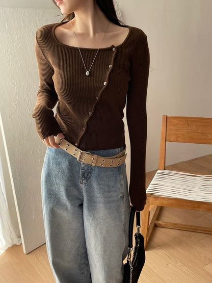 Square Neck Unbalanced Buttons Knit Top(4 colors)