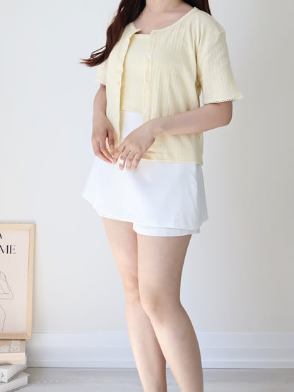 Graceful Contrast-Trim Jacquard Cotton Cami + Cardigan Set(Light Yellow)