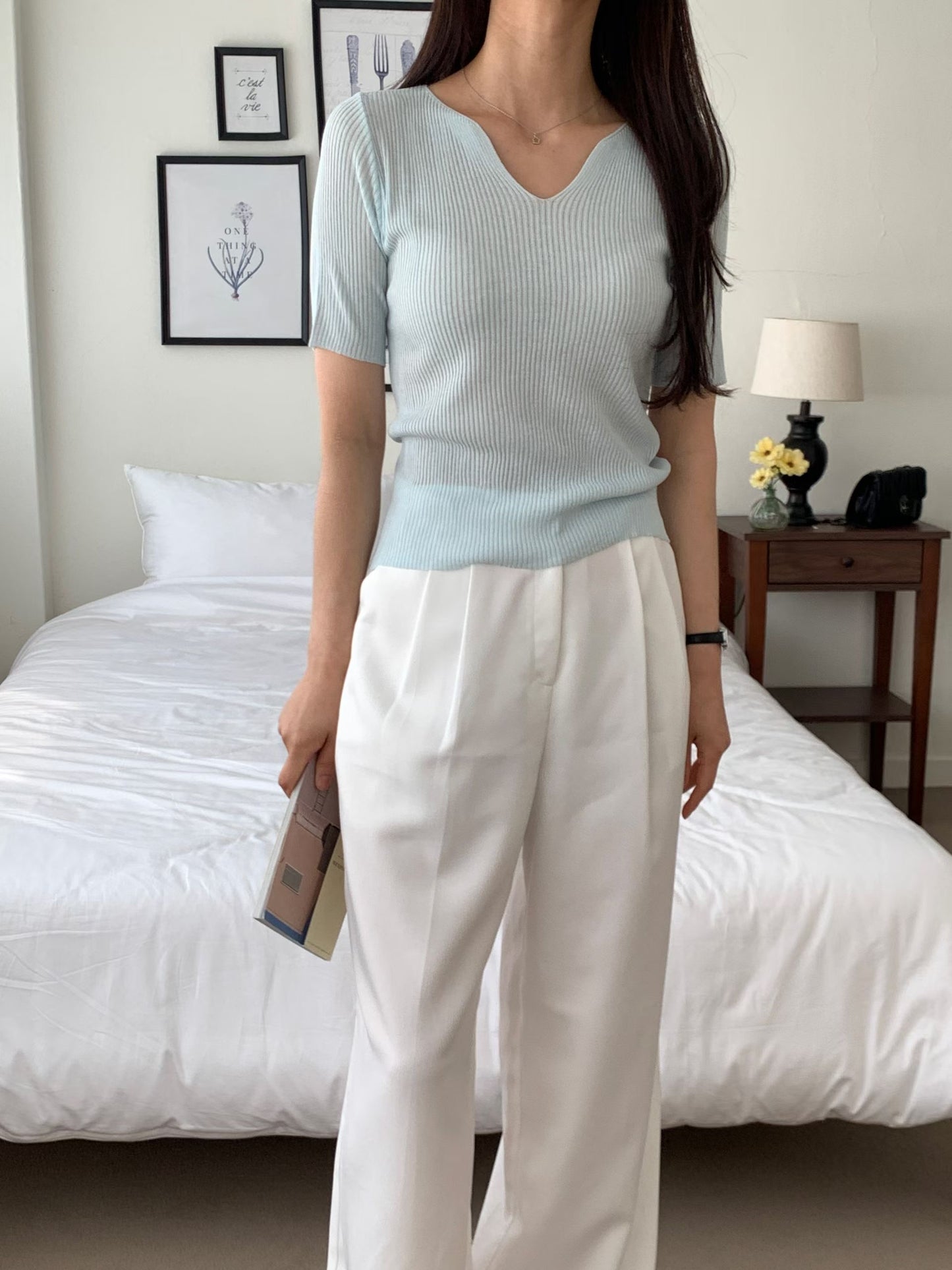 V-Neck Textured Stretch Cooling Knit Top(5 colors)