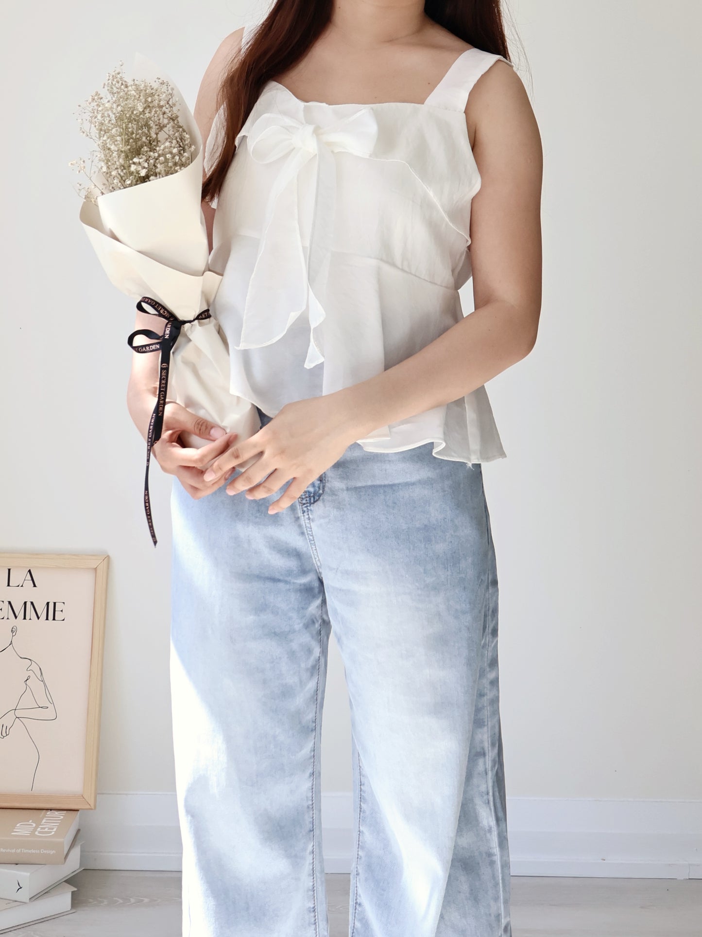 French Tie-Wrap Silky Swing-Hem Blouse(Ivory)