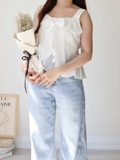 French Tie-Wrap Silky Swing-Hem Blouse(Ivory)