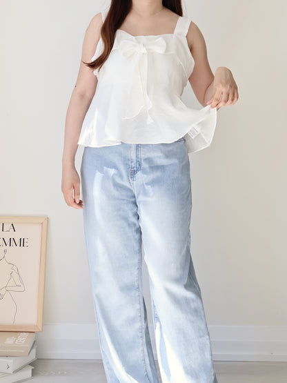 French Tie-Wrap Silky Swing-Hem Blouse(Ivory)
