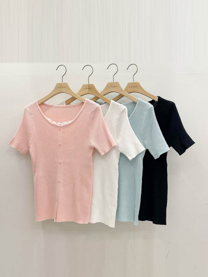 Romantic Lettuce-Trim Ribbed Knit Top(4 colors)