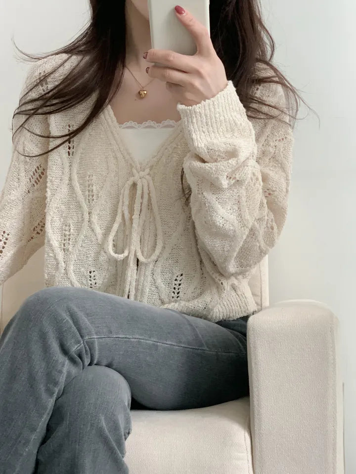 V-Neck Pointelle Tie-Front Knit Cardigan(5 colors)