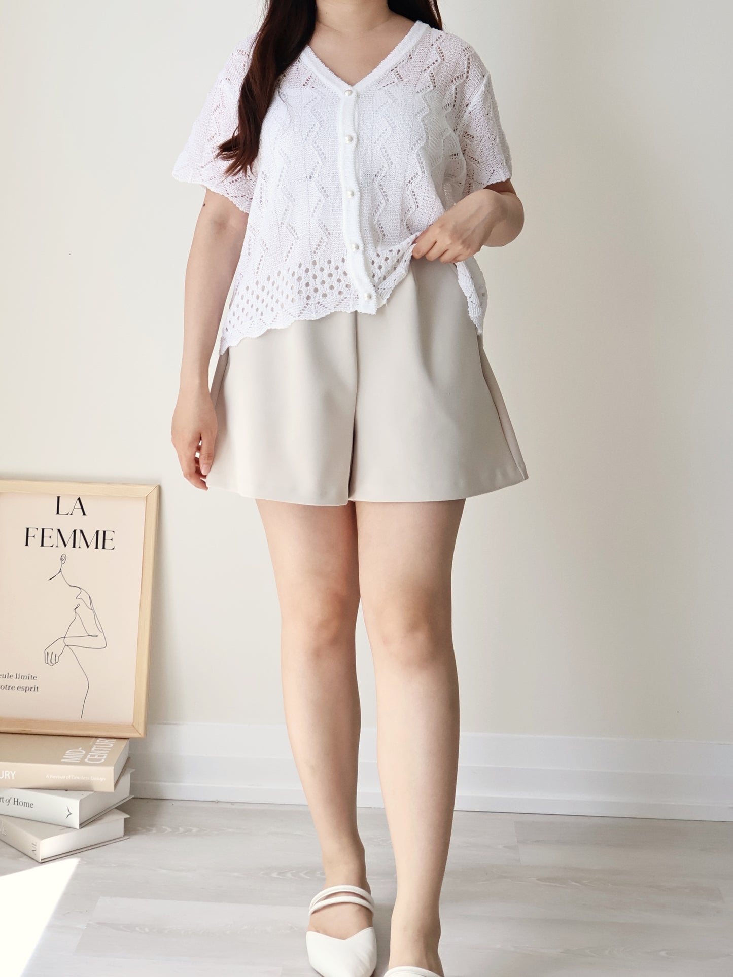[Wrinkle-Free] Hidden Elastic Waist Tummy-Flattering A-Line Shorts(Beige)