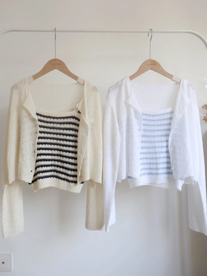 [2-Piece Set] Cozy Weekend Stripe Cami & Knit Set(Ivory)
