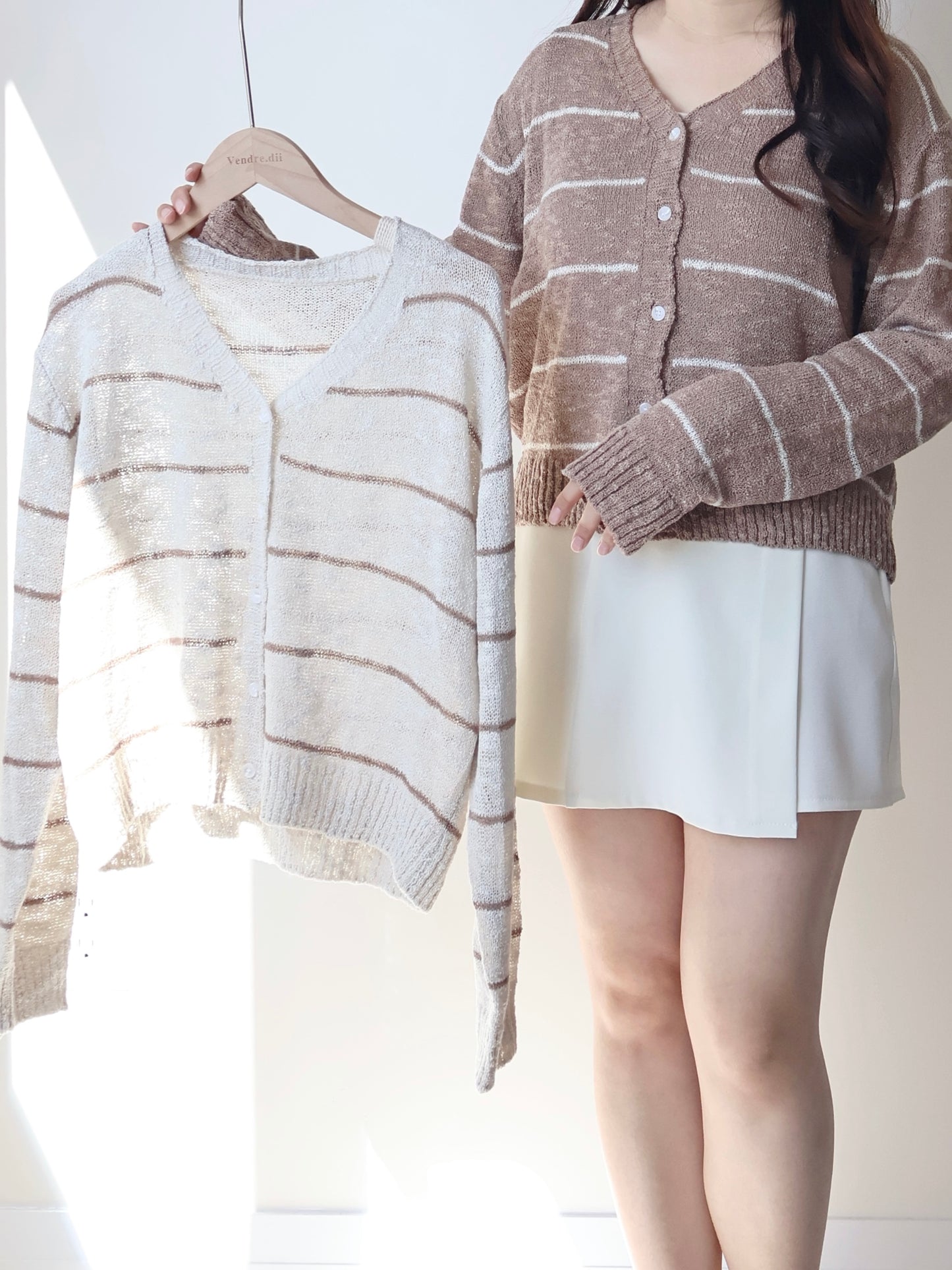 Minimalist Striped Snowy Yarn Cardigan(Brown)