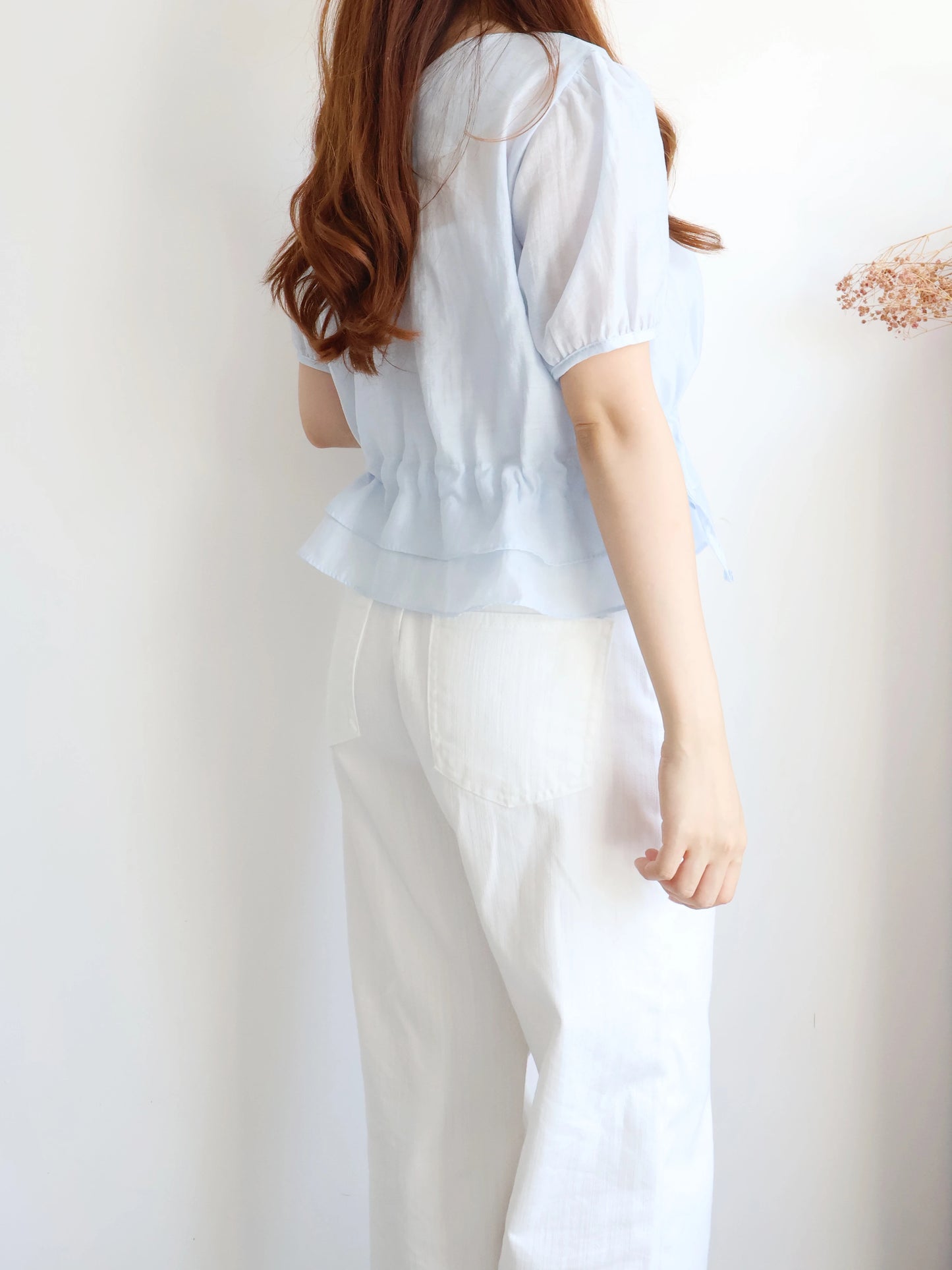 Airy Square-Neck Cinched Chiffon Blouse(Sky blue)