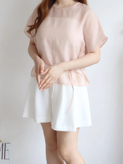 Elegant Tie Detail Flutter-Sleeve Tencel Blouse(Peach)
