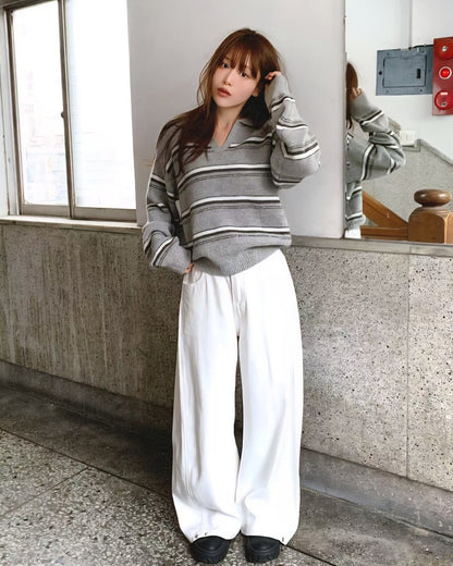 Lapel Striped Sweater(3 colors)
