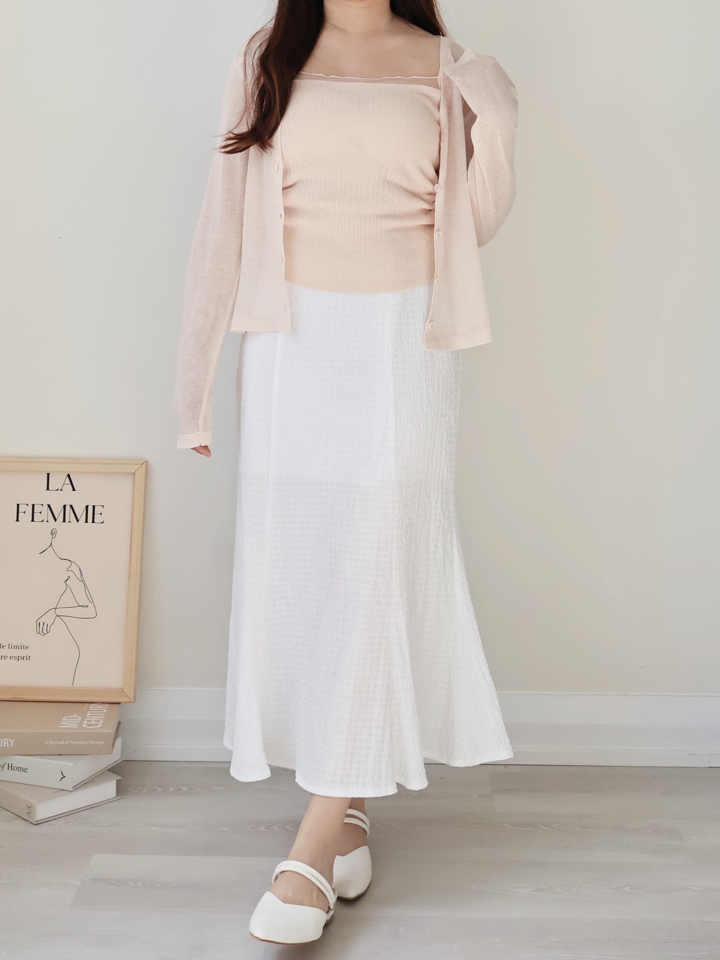 [Wrinkle-Free] Elegant Crinkle Mermaid Midi Skirt(Ivory)
