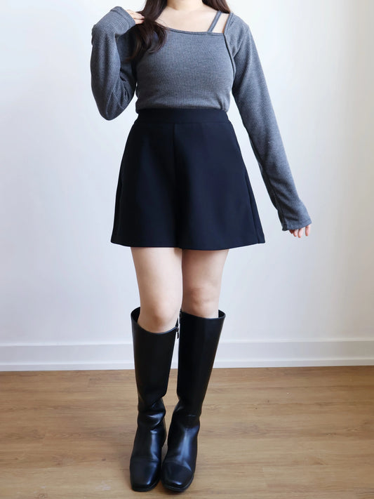 Ribbed Asymmetrical String T-shirt(Charcoal)