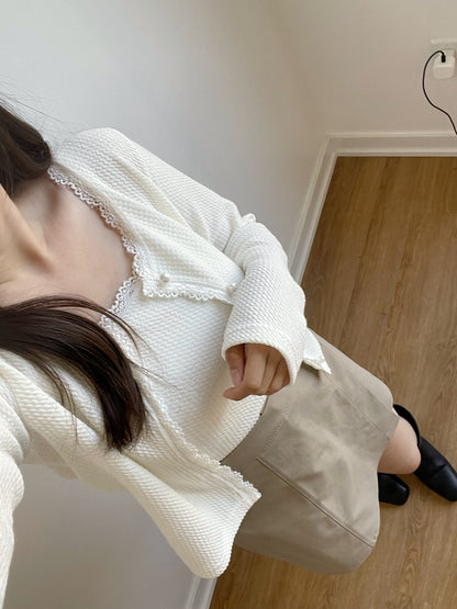 Elegant Pearl Button Lace Trim Two-Piece Set(Ivory)