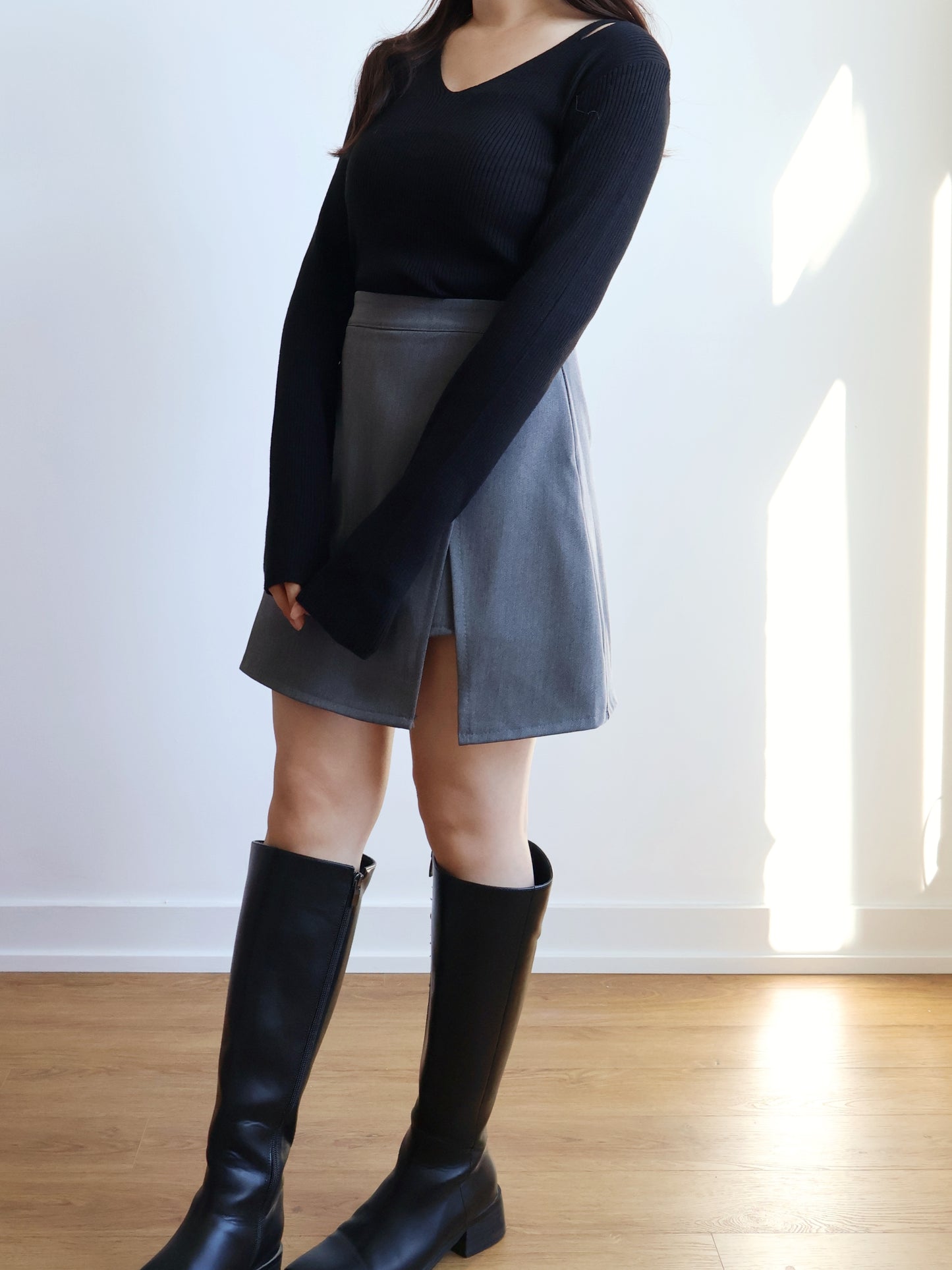 V-neck High-elastic Knit Top(Black)