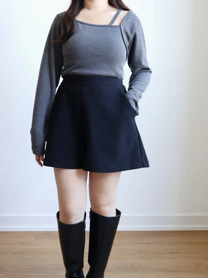 Ribbed Asymmetrical String T-shirt(Charcoal)