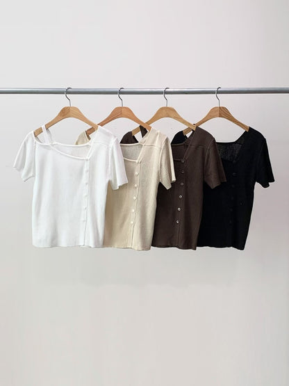 Asymmetric Button-Front One-Shoulder Knit Top(4 Colors)