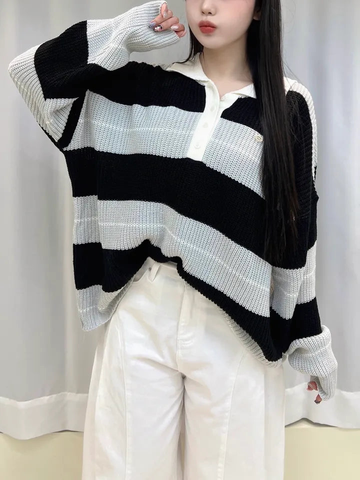 Relaxed Stripe Knit Top with Lapel Collar(4 colors)