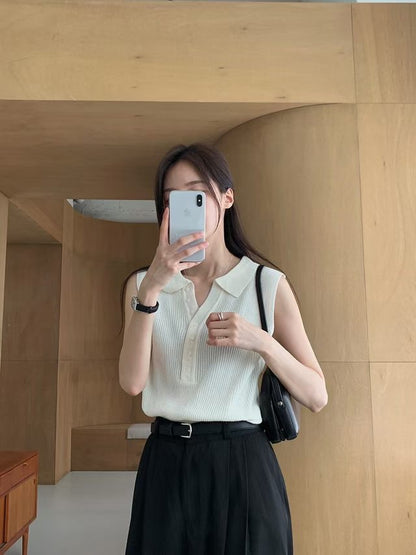 Lapel Half-Button Textured Stretch Knit Tank(2 colors)