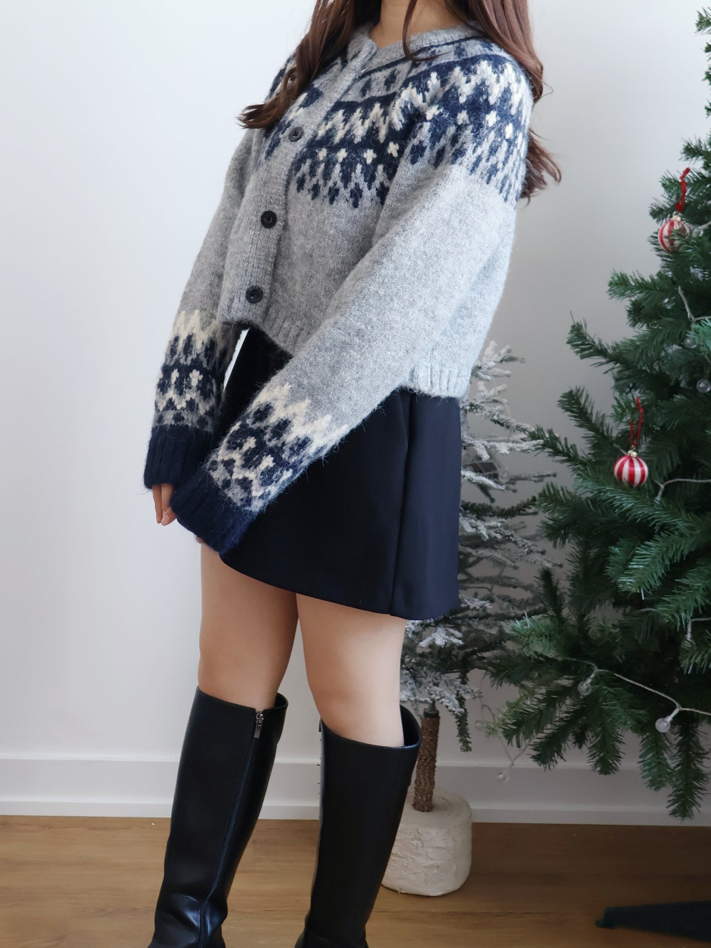 [10% WOOL🐏] Nordic Gradient Snowflake Cardigan(Grey)
