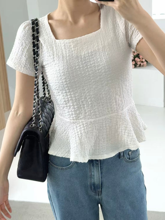 [Wrinkle-Free] Elegant Square Neck Flattering Peplum Blouse(3 Colors)