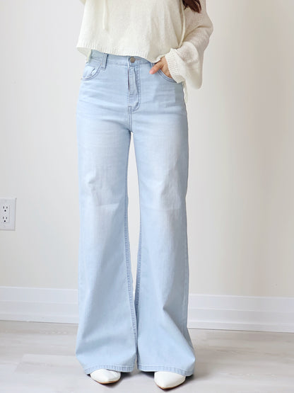 [Half Elastic Waist] Pajama-Soft Lightweight Stretchy Wide-Leg Bootcut Jeans(Light Blue)