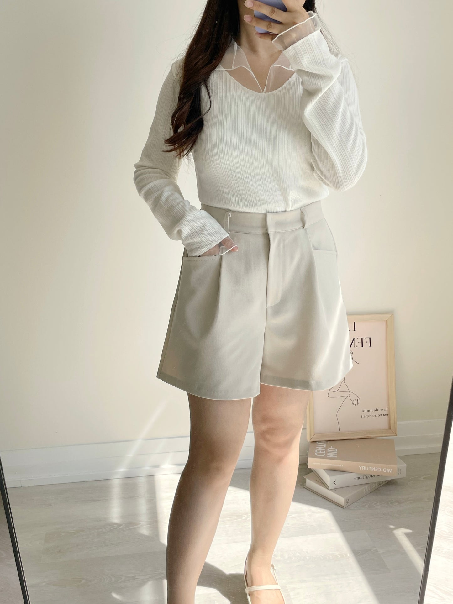 Graceful Sheer Trim V-Neck Top(Ivory)