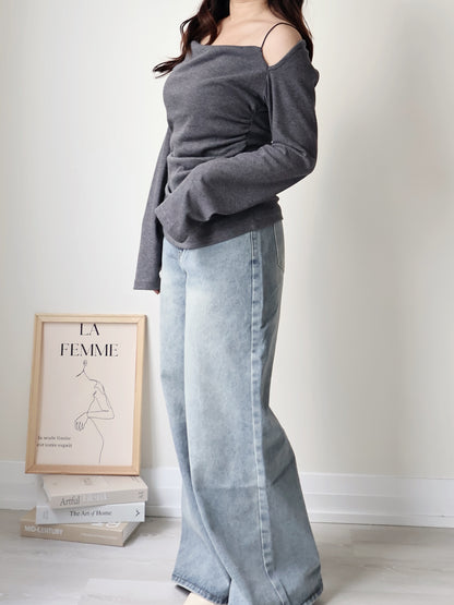2-Way Draped Neck Strap Off-Shoulder Top(Charcoal)