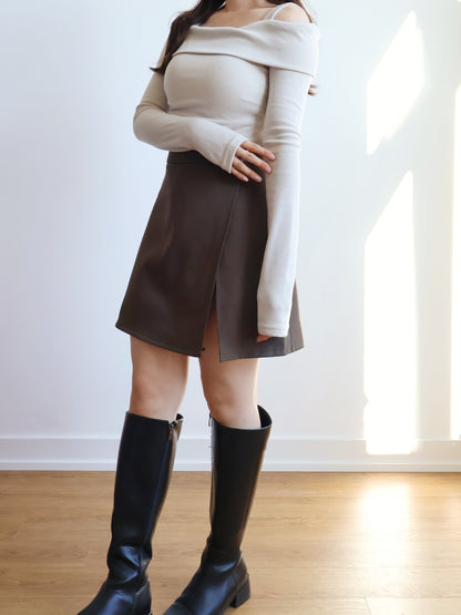 Sleek High Waist Zip Up Split Mini Skirts(Brown)