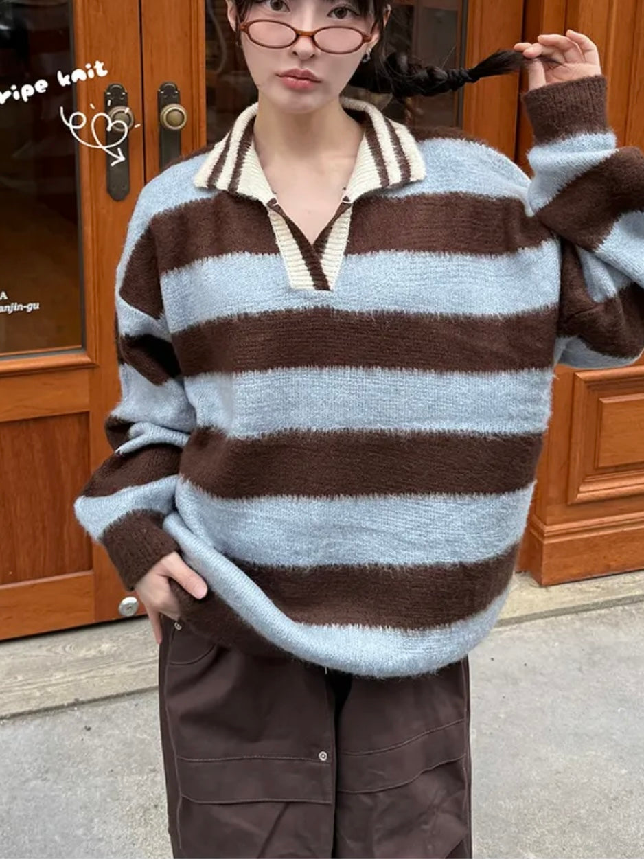 Unisex Collared Striped Color-blocked Sweater(4 colors)