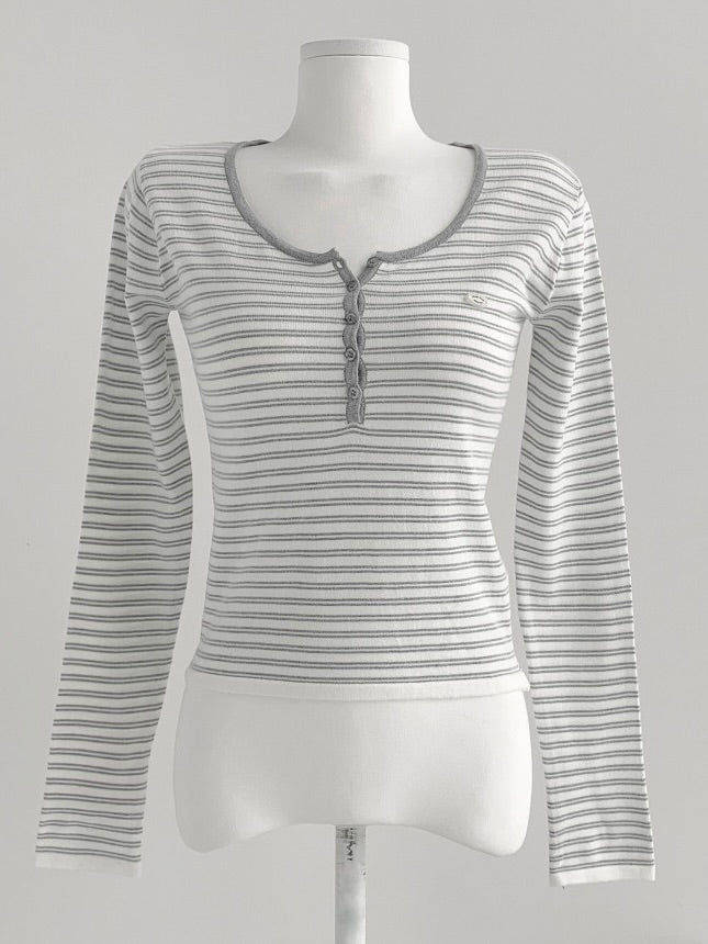 Parisian Striped Henley Knit Top(4 colors)