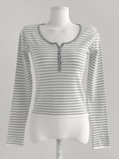 Parisian Striped Henley Knit Top(4 colors)